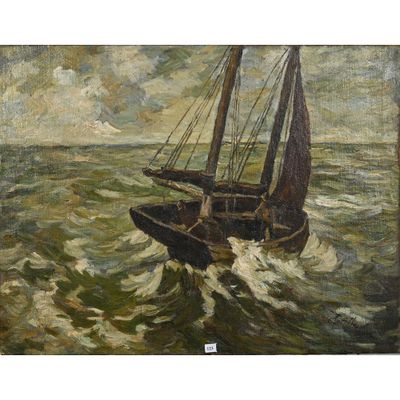 une peinture à l'huile représentant un bateau au milieu d'un plan d'eau