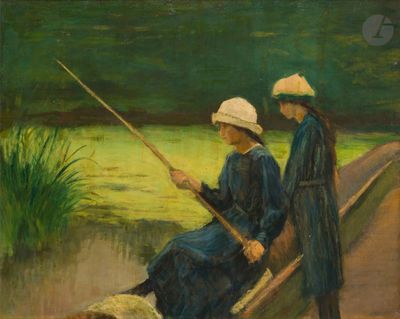 tableau représentant deux femmes assises dans un bateau avec un chien