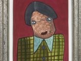 painting of a man in a suit and tie with a red background