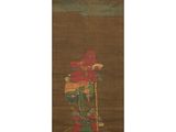 a painting of a vase with flowers on a brown background