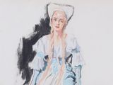 drawing of a woman in a blue dress with a white hat