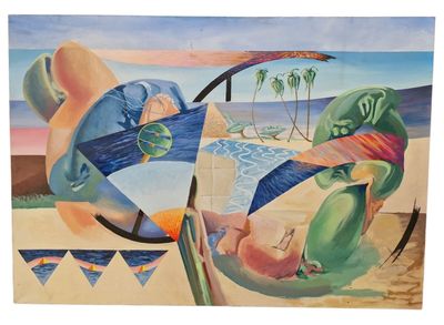tableau représentant une femme allongée sur une plage avec une planche de surf