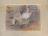 painting of a man sitting in a chair with his feet on a table