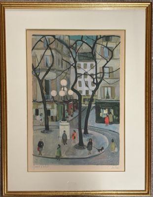 tableau représentant une scène de rue avec des passants et un chien en laisse