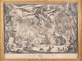 an old drawing of a scene with a man on a horse and a woman on a horse