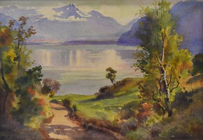 aquarelle représentant un sentier menant à un lac, avec une montagne au loin