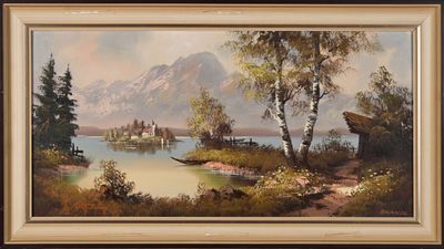 une image représentant un tableau d'un lac avec une montagne en arrière-plan