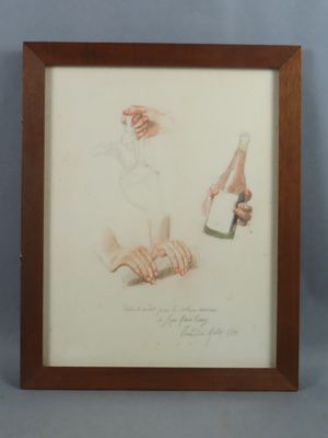 painting of a woman holding a bottle of wine and a man holding a bottle of wine