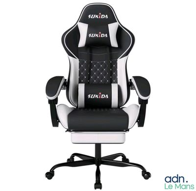 un fauteuil de gaming noir et blanc orné du logo Sunda