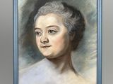 portrait of a woman in a blue dress by an easel