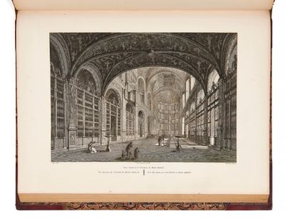 un vieux livre sur lequel figure le dessin d'une bibliothèque où se trouvent des personnes