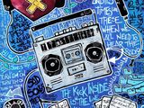 an image of a painting of a radio and other items on a blue background