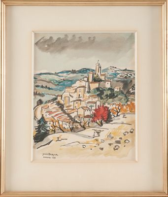 une image représentant un tableau d'un village avec une église au loin