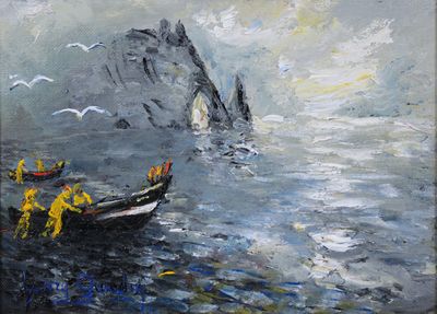 a painting of a boat in the water with people on it