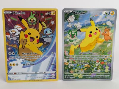 Deux cartes Pokémon sont représentées côte à côte sur une surface blanche