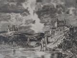 dessin représentant une image en noir et blanc d'un château situé sur une colline