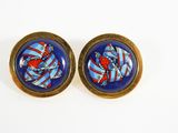 pair of blue and red fish stud earrings with gold posts