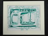 tableau encadré représentant un dessin en vert et blanc d'un train