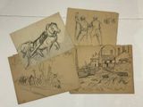 four old drawings of people and a horse drawn carriage on a table