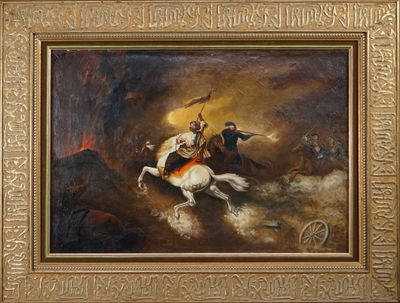 une image représentant un tableau où l'on voit un homme à cheval au milieu d'une tempête