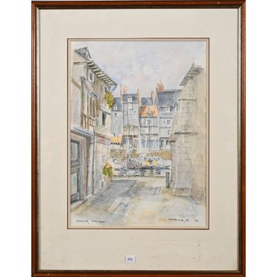tableau représentant une scène de rue avec un banc et des bâtiments en arrière-plan