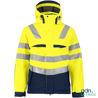 une veste jaune et bleue avec des bandes réfléchissantes et une capuche