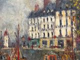an oil painting of boats on a river with buildings in the background