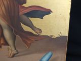a picture of a painting of a woman holding a blue umbrella