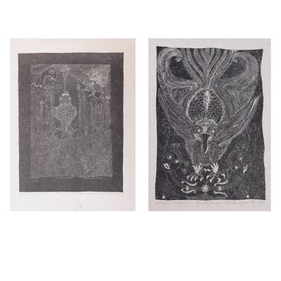 deux dessins en noir et blanc représentant un oiseau et une fleur