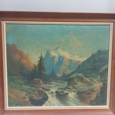 un tableau représentant un paysage de montagne avec un ruisseau au premier plan