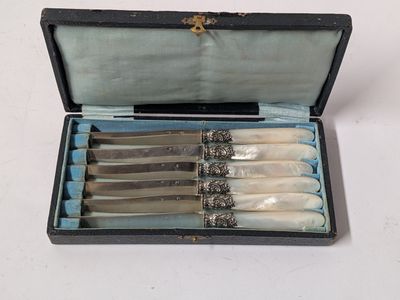 five knives in a box with a silver handle