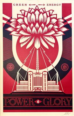 a red and black poster with a large flower on it