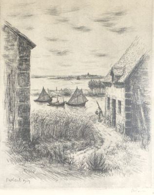 dessin représentant une vue d'un village avec un bateau sur l'eau