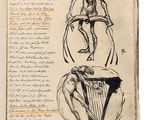 an old book with a drawing of a woman sitting on a stool
