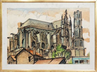 une image représentant un tableau d'une cathédrale avec une tour horloge