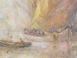 a painting of a boat in the water with people in it
