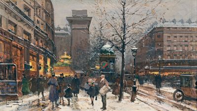 tableau représentant une rue animée en hiver, avec des passants marchant sur le trottoir