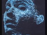 a blue drawing of a woman ' s face with hair blowing in the wind