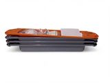 an orange and gray boat with a white label on it