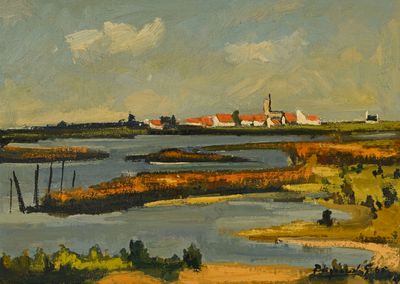 tableau représentant une vue sur une rivière avec une petite ville au loin