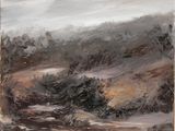 une peinture à l'huile représentant un paysage avec des arbres et une montagne en arrière-plan