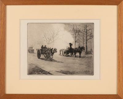 tableau représentant une calèche tirée par deux hommes