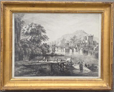 un tableau représentant une scène fluviale avec des bateaux sur l'eau