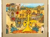 a painting of a giraffe in the middle of a picture