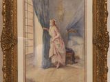 tableau représentant une femme regardant par la fenêtre, dans un cadre doré