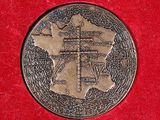 a close up of a silver coin on a red surface