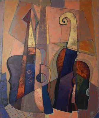 un tableau représentant un violon et un étui à violon posés sur une table