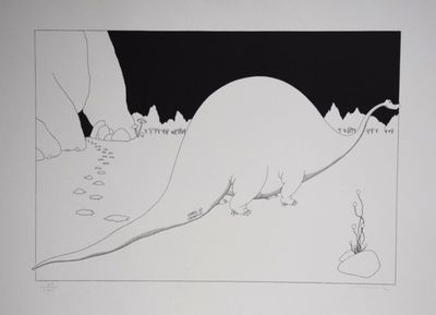 an image of a black and white drawing of a dinosaur in a field