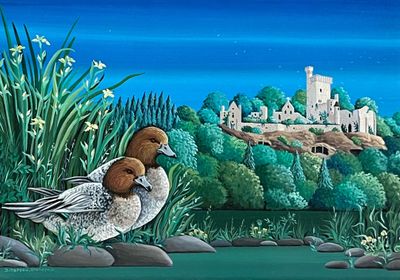 a painting of a couple of bears laying on the grass