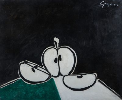 an image of a painting of apples on a green and white surface